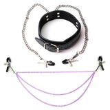 Metal Nipple Slaves Clamps Chain Adjustable PU Leather Neck Collar Bondage