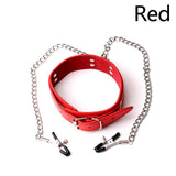 Metal Nipple Slaves Clamps Chain Adjustable PU Leather Neck Collar Bondage