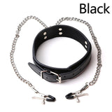 Metal Nipple Slaves Clamps Chain Adjustable PU Leather Neck Collar Bondage