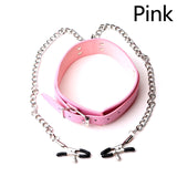 Metal Nipple Slaves Clamps Chain Adjustable PU Leather Neck Collar Bondage